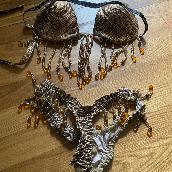 Vintage 80s Gold Snake Skin 4 Pc Beaded Belly Dance Cabaret S - Picture 3 of 10